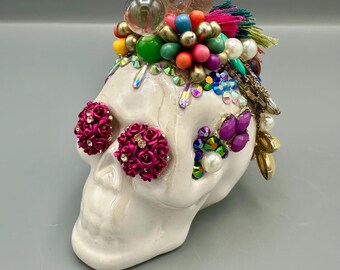 Iridescent Ceramic Jeweled Skull – Maximalist Mixed Media Sculpture