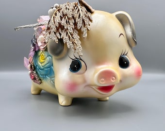 Upcycled Piggy Bank Sculpture – Rhinestone Wings, Whimsical Kitsch Decor