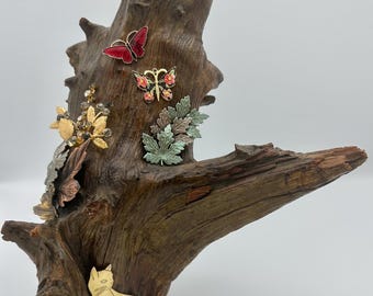 Driftwood Art Sculpture with Brass Cat & Butterflies – Mid-Century Modern Assemblage Décor - Jewelry Art
