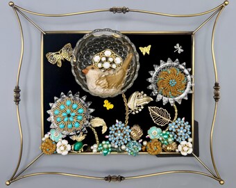 OOAK Bird Assemblage Art | Vintage Salt Shaker Bird | Mixed Media Tabletop Sculpture | Cottagecore Garden Decor
