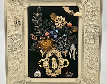 Haunted Harvest - 4x6” Framed Halloween Jewelry Art | Spooky Floral Bouquet Collage