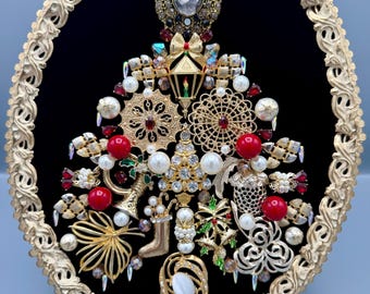 Vintage Jewelry Christmas Tree Art Gold Holiday Brooch Tree Mixed Media Framed Art One of a Kind Decor