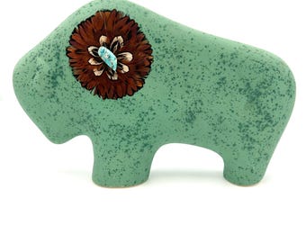 Handcrafted Ceramic Buffalo Figurine with Real Feathers & Turquoise Stone – Southwestern Pottery Decor