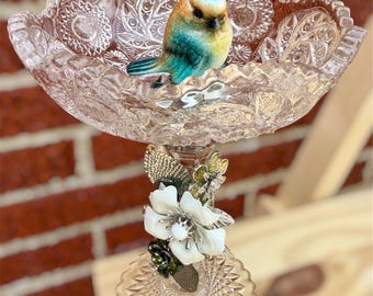 Songbird Candy Dish – One-of-a-Kind Vintage Crystal Candy Dish with Blue Bird and Jewelry Art Accents