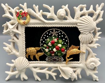 Coastal Christmas Tree Art – Sea Glass, Shell Coral Frame, Beach Holiday Decor