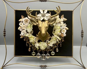 OOAK Deer Wall Sculpture | Woodland Assemblage Art | Vintage Jewelry & Crystal Tabletop Decor | Nature Inspired Mixed Media