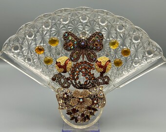 Vintage Jewelry Art Sculpture – Amber Rhinestone Glass Fan Decor