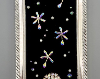 Celestial Dandelion Garden Jewelry Art – Vintage Rhinestone Flower, Crystals & Ladybug – Silver Frame