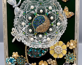 Framed Vintage Jewelry Art Floral Scene One of a Kind Artwork - Mixed Media Assemblage