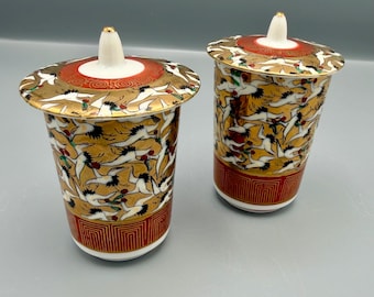 Japanese Crane Tea Cups With Lids Gold Porcelain Kutani Set of 2 Vintage Asian Decor Tea Ceremony Cups With Box