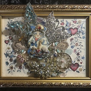 Whimsical Nautical Cat Brooch Art – Framed Vintage Jewelry Collage with Sailor Kitty, Butterflies & Hearts – Folk Art by Kitsch, Please