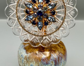 Vintage Brooch Flower Sculpture – Crystal Dish Art on Ceramic Vase – Blue Rhinestone Floral Assemblage – One-of-a-Kind Jewelry Art – 6”x 3”