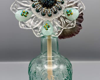 Mint Green Glass Flower Sculpture – Vintage Jewelry Flower Art – Upcycled Jewelry Floral Decor – OOAK Mixed Media Art