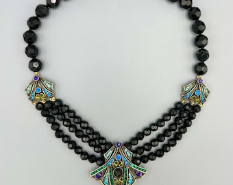 Heidi Daus Signed Statement Necklace – Black Faceted Crystal Multi-Strand Art Deco Style Glam Necklace