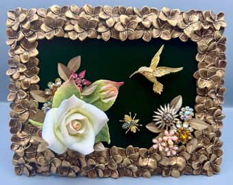 OOAK Mixed Media Floral Wall Art | Vintage Porcelain Rose | Hummingbird Shadow Box | Cottagecore Decor | Romantic Botanical Art