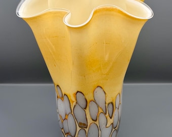 Vintage Zorza Hand Blown Art Glass Vase – Polish Studio Glass – Amber Ruffle Rim Vase – Mid Century Modern Decor