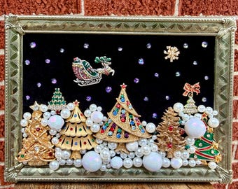 Silent Night Christmas Jewelry Art – Vintage Brooch Assemblage, Framed Holiday Tabletop Decor, One-of-a-Kind Mixed Media Art