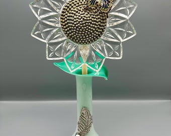Crystal Sunflower Sculpture with Butterfly | Repurposed Vintage Jewelry Art | 14” Tall | One-of-a-Kind Floral Decor