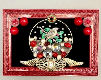 Vintage Christmas Bird Art – Red Framed Tabletop Snow Globe, OOAK Jewelry Decor