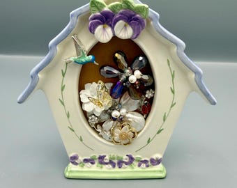 Vintage Inspired Birdhouse Jewelry Art Pansy Hummingbird Mixed Media Floral Frame Freestanding Cottagecore Decor