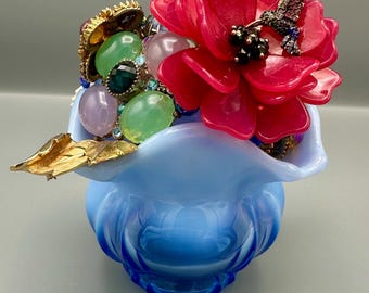 Vintage Blue Fenton Glass Bowl Jewelry Sculpture – Repurposed Brooch & Rhinestone Decor – OOAK