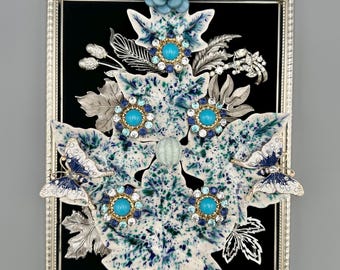Vintage Jewelry Art Tree – 8x10 Holiday Wall Decor, Repurposed Blue & Silver