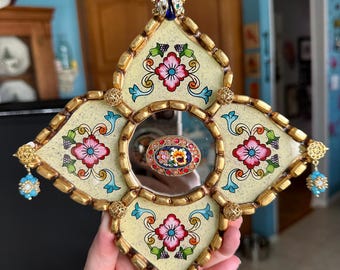 Vintage Floral Tin & Millefiori Mosaic Wall Art – Gold Boho Mirror Assemblage – 8x8”
