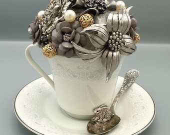 Vintage Jewelry Teacup Sculpture, Whimsical Brooch Bouquet Art