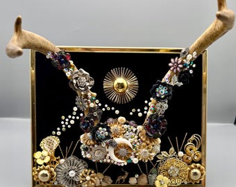 Celestial Antler Framed Jewelry Art  – Vintage Rhinestone Assemblage with Sun Moon and Deer – Sculptural Mixed Media Wall Art