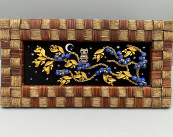 Moonlit Owl & Blue Berries Wall Art | Repurposed Vintage Jewelry | One-of-a-Kind Framed Mixed Media