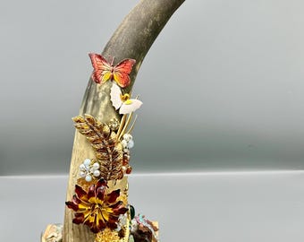 Steer Horn Sculpture: Vintage Jewelry & Crystals, Mixed Media Art