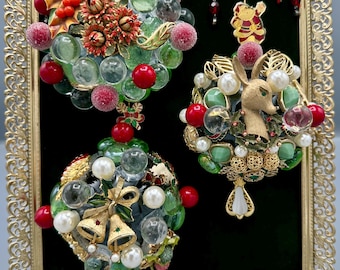 Vintage Jewelry Christmas Art – 8x10 Framed Holiday Ornament Collage – Emerald Velvet Maximalist Decor – One of a Kind
