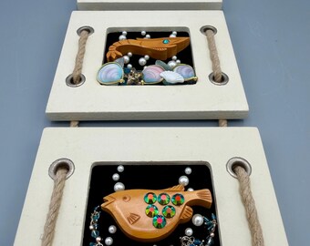 Coastal Wall Art – Vintage Jewelry Sea Life Assemblage – Crab Shrimp Fish Beach Decor – Nautical Mixed Media Art – 17x5 Hanging Panel