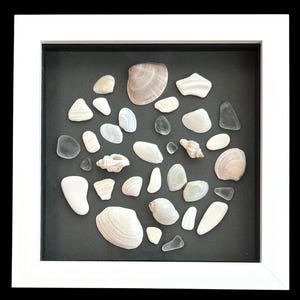 Pode incluir: Uma obra de arte emoldurada com uma coleção de conchas e vidro do mar dispostas sobre um fundo cinza escuro. As conchas variam em tamanho e forma, com tons de branco, bege e cinza. A moldura é branca.