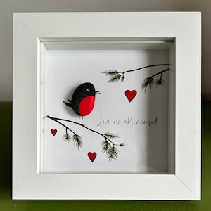 Robin Pebble Art – Handmade 5x5 Framed Gift with Quote “Love is All Around”