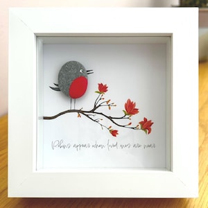 Robin Pebble Picture Magnolia – &#39;Robins Appear When Loved Ones Are Near&#39; – 5x5 Handmade Framed Art –  Thoughtful Gift – UK Artist