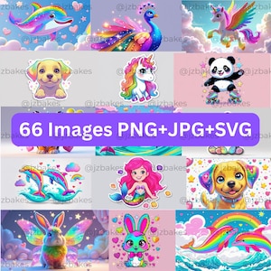 Lisa Frank Inspired Clipart Bundle - 66 Neon Animal & Fantasy SVG PNG JPG - Kawaii 90s Rainbow Aesthetic for Stickers, Printables, Crafts
