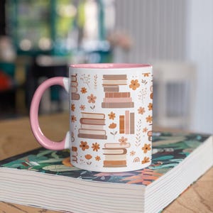 Floral Book Lover Mug - Pink Accent Book Stack Coffee Cup, Bookish Gift for Readers, Cozy Book Mug, Cute Reading Mug