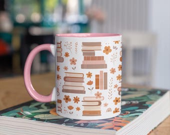 Taza con diseño floral para amantes de los libros: taza de café con detalles en rosa, regalo para lectores, acogedora taza para leer, linda taza para leer