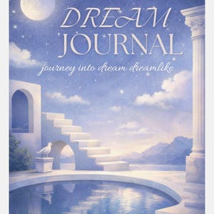 Può includere: Copertina di Diario dei Sogni con un'illustrazione serena e onirica. Il design presenta una luna piena, stelle e una scena architettonica classica con una piscina, scale e una statua di uccello bianco. Il titolo "DREAM JOURNAL" è ben visibile.
