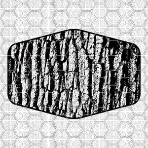 May include: A black and white graphic design showing a textured bark pattern inside a rounded rectangular shape. The design has a high contrast, with the bark's details clearly visible.