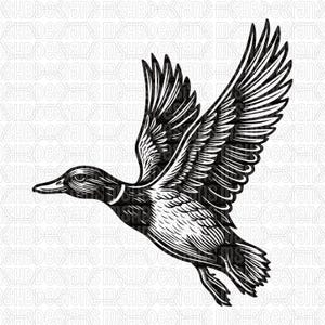 Puede incluir: Ilustración en blanco y negro de un pato en vuelo, con alas extendidas y detalles de plumas. La imagen tiene un estilo vintage, de grabado en madera, adecuado para diseños con temática de naturaleza.