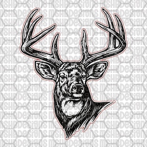 May include: A detailed black and white illustration of a deer's head with large antlers. The artwork features intricate shading and a red outline, showcasing a classic hunting or wildlife theme. The deer is facing forward, with a focus on its facial features.