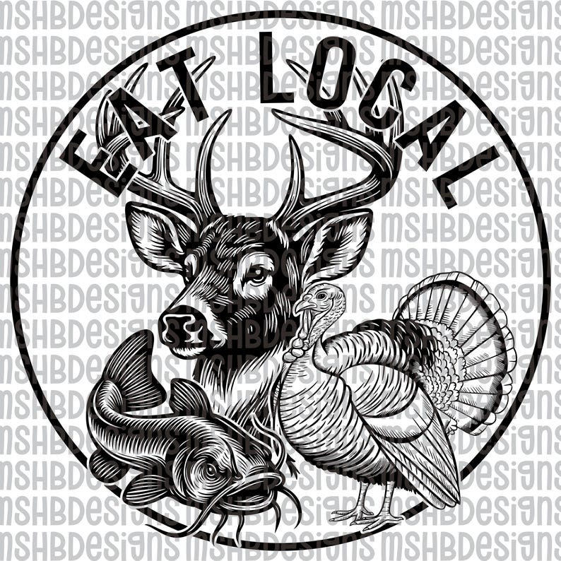 Pu&ograve; includere: Illustrazione in bianco e nero con la scritta "EAT LOCAL" in un cerchio. L'immagine presenta un cervo, un tacchino e un pesce gatto. Lo sfondo presenta un motivo ripetuto del testo "MSHBDesigns".