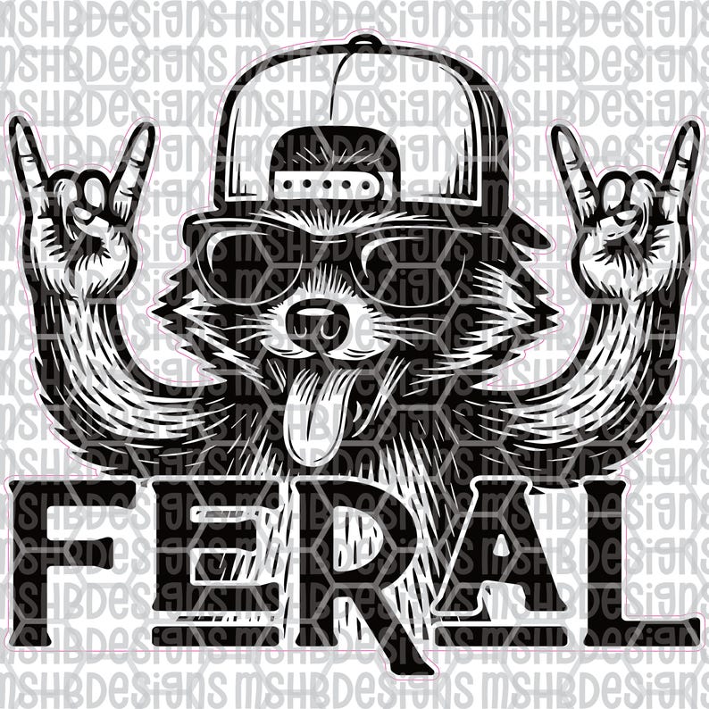 May include: Black and white graphic of a raccoon wearing a backwards baseball cap and sunglasses, with its tongue sticking out. The raccoon is making a rock and roll hand gesture with both hands. The word "FERAL" is printed below the raccoon.