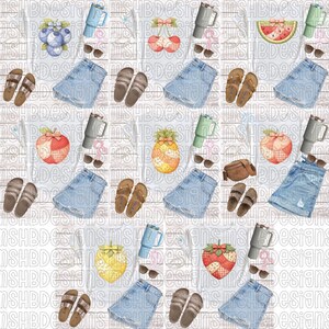 May include: A repeating pattern of summer-themed illustrations. The design includes denim shorts, sandals, sunglasses, fruit, and travel mugs. The fruit includes blueberries, cherries, watermelon, a peach, a pineapple, and a strawberry. The background is a light wood grain.