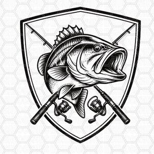 May include: Black and white illustration of a largemouth bass with an open mouth, set within a shield shape. Two fishing rods are crossed behind the fish, with reels at the bottom. A fishing-themed design.
