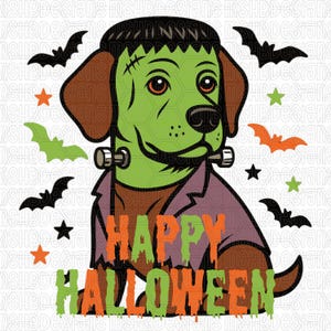 May include: A cartoon illustration of a dog dressed as Frankenstein's monster for Halloween. The dog is green with brown ears and a purple jacket. The words "HAPPY HALLOWEEN" are written in orange and green dripping letters, with bats and stars.