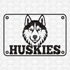 May include: Black and white graphic of a Husky dog's face, centered above the word "HUSKIES" in bold letters. The design is framed by a rectangular border with decorative elements at each corner.