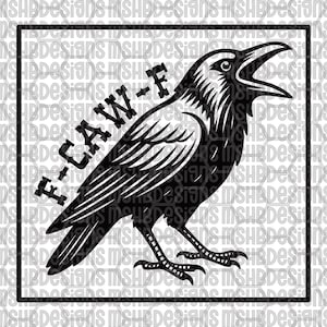 May include: Black and white graphic of a raven with an open beak, set within a square frame. The text "F-CLAW-F" is diagonally across the raven's body. The design is a bold, stylized illustration.